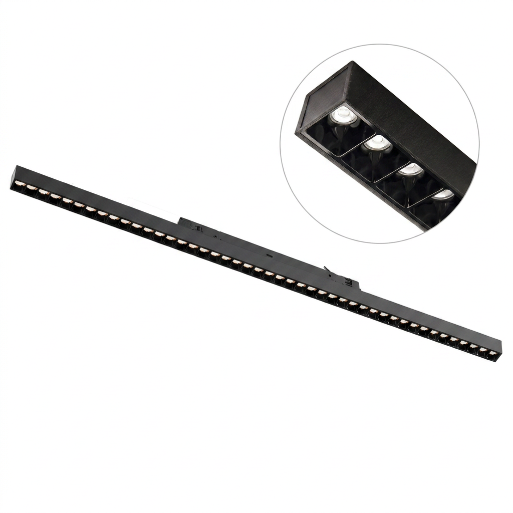 3-Phasen-Linearschienenleuchte 120 cm | Gitter | 35 W | CCT – Lichtfarbe einstellbar | Schwarz | MONDY